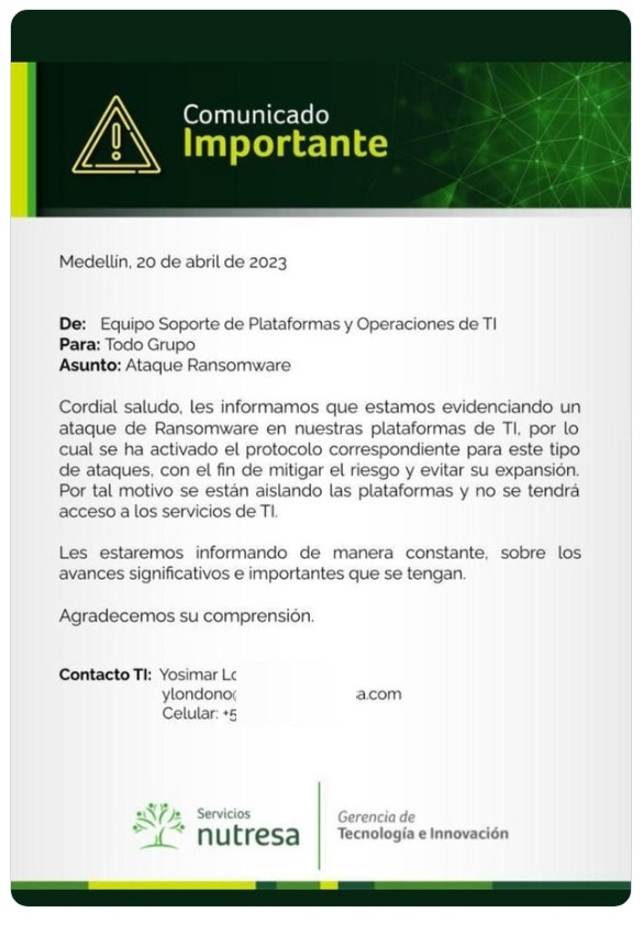 Grupo Nutresa esta siendo victima de un cibertaque de Ransomware